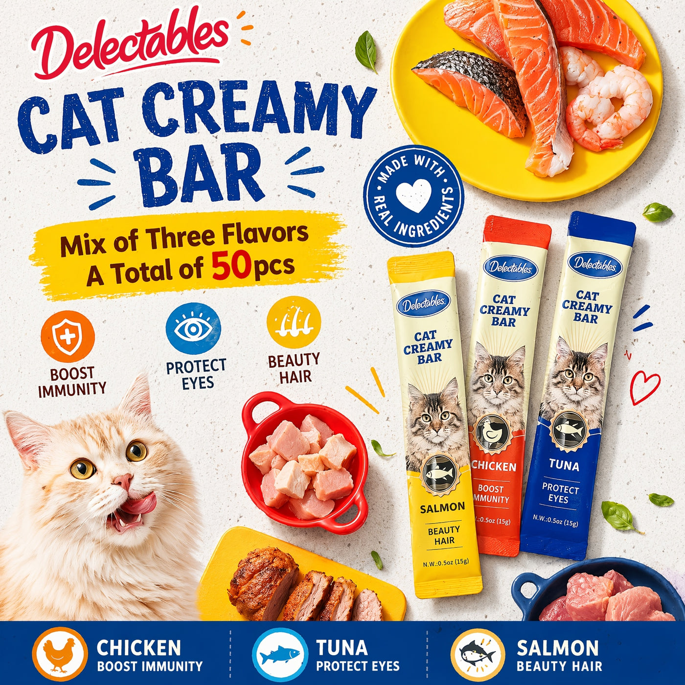 Squeezable Wet Cat Food Strips 50pcs Variety Pack Chicken Tuna Salmon Mixed Flavors Soft Lickable Cat Treats Hydration Snack