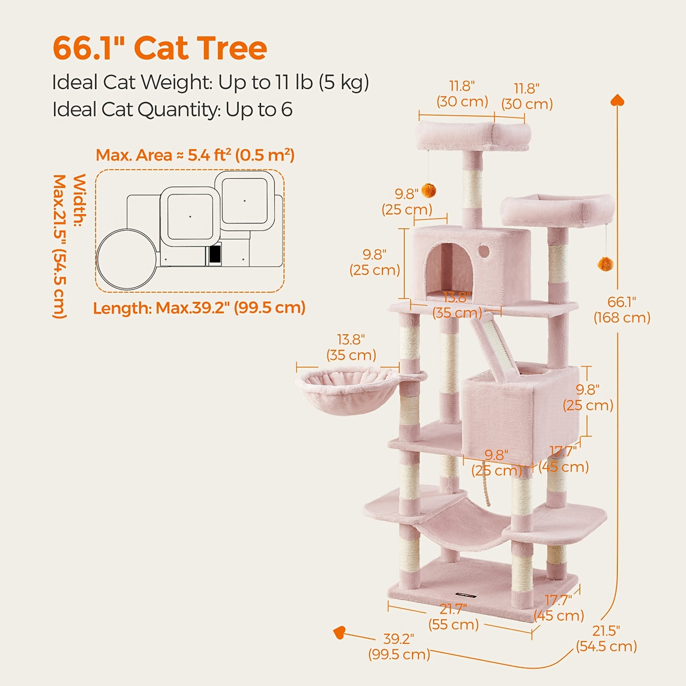 Multi-Level Cat Tree Tower with Cave & Plush Hammock - 44/66/79in Tall Cat Condo, 4 Sisal Scratching Posts, 2 Perches, Anti-Tilt, Pompom Toys for Multi-Cat Families, 5 Colors