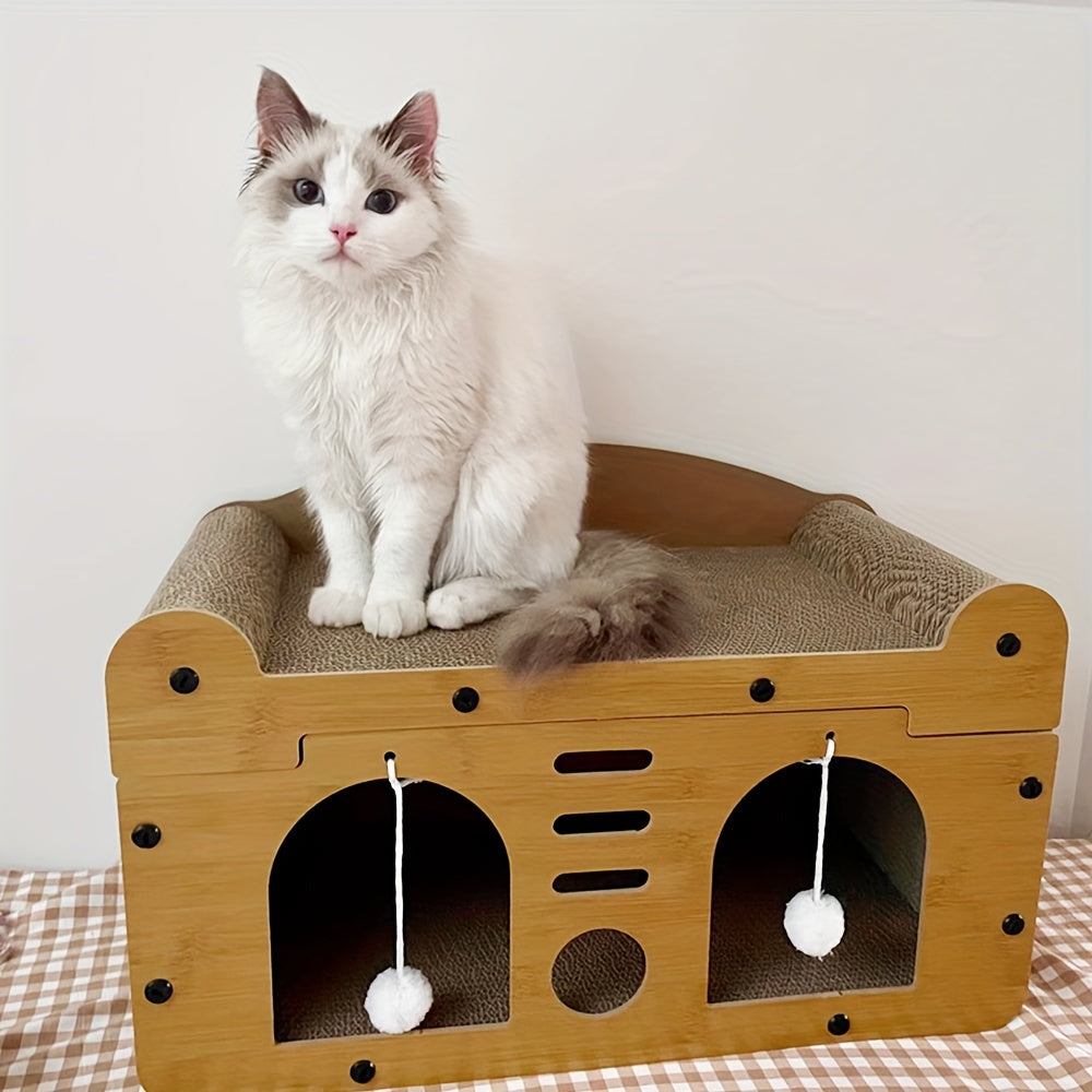 Cat Tree House Condo with Scratching Board & Plush Balls - Multi-Level 21" Indoor Outdoor Cat Condo, Dual Scratch Posts, Ventilation Doors, Cozy Perch for Cats Kittens