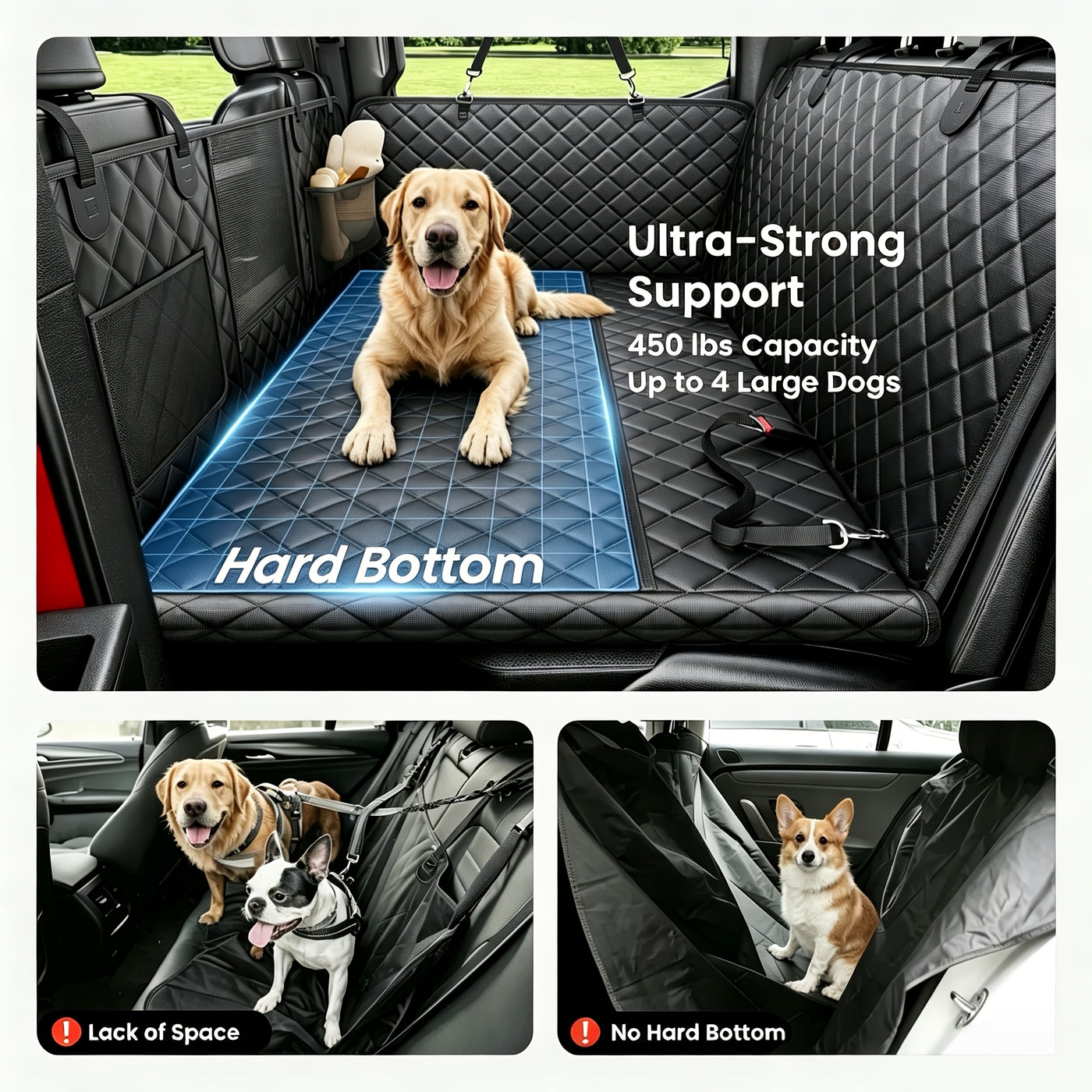 Dog Car Seat Cover Back Seat Extender with Hard Bottom - Holds 400lbs, Dog Hammock for Car SUV Truck, Mesh Window, 2 Storage Pockets, Non-Slip 6-Layer Fabric, Black