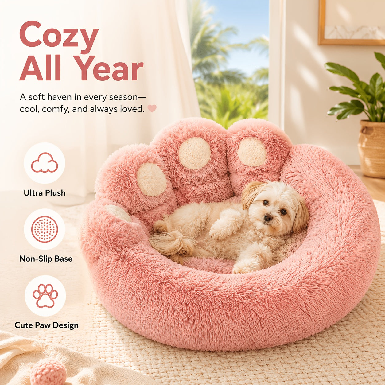 Bear Paw Round Plush Pet Bed for Dogs & Cats – Cute Warm Non-Slip Soft Bed for Small, Medium & Large Pets, 20/24/28/36 Inch