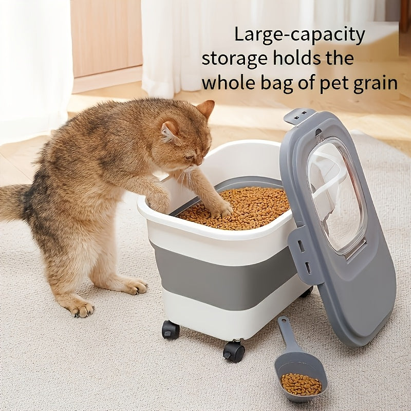 Foldable Pet Food Storage Container with Wheels – Airtight Moisture-Proof Bin for Dog & Cat Food, 5-30 LB Capacity, Upgraded Model