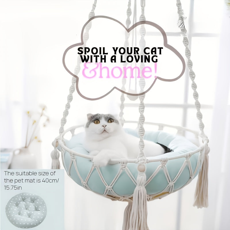 Extra Large Hand-Woven Rope Cat Hammock Swing Bed Indoor Cat Nest Basket for Two Cats - Super Load-Bearing Durable Hanging Cat Bed 15.75in & 11.81in Diameter