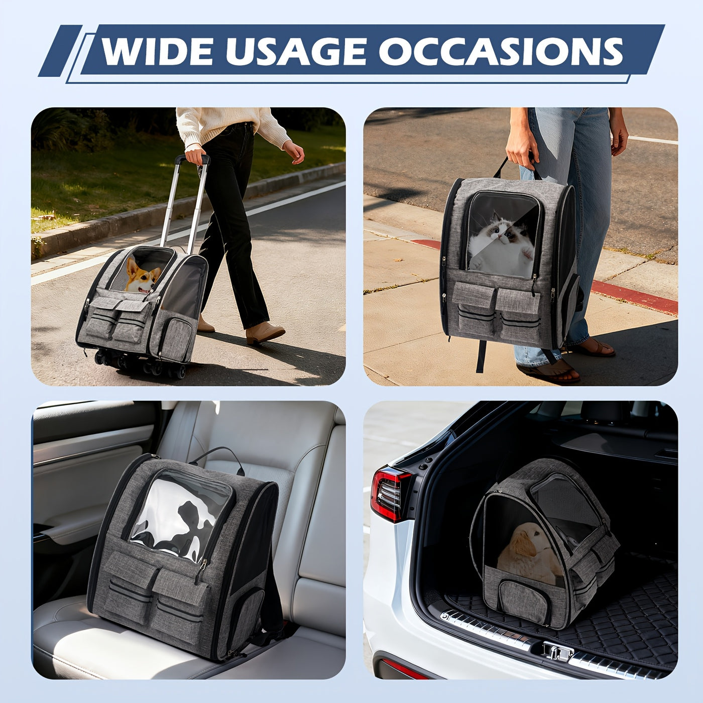 Airline Approved Pet Carrier with Wheels – 2-in-1 Rolling Trolley & Detachable Soft-Sided Bag, Telescopic Handle, Shoulder Strap & Safety Leash for Cats and Dogs