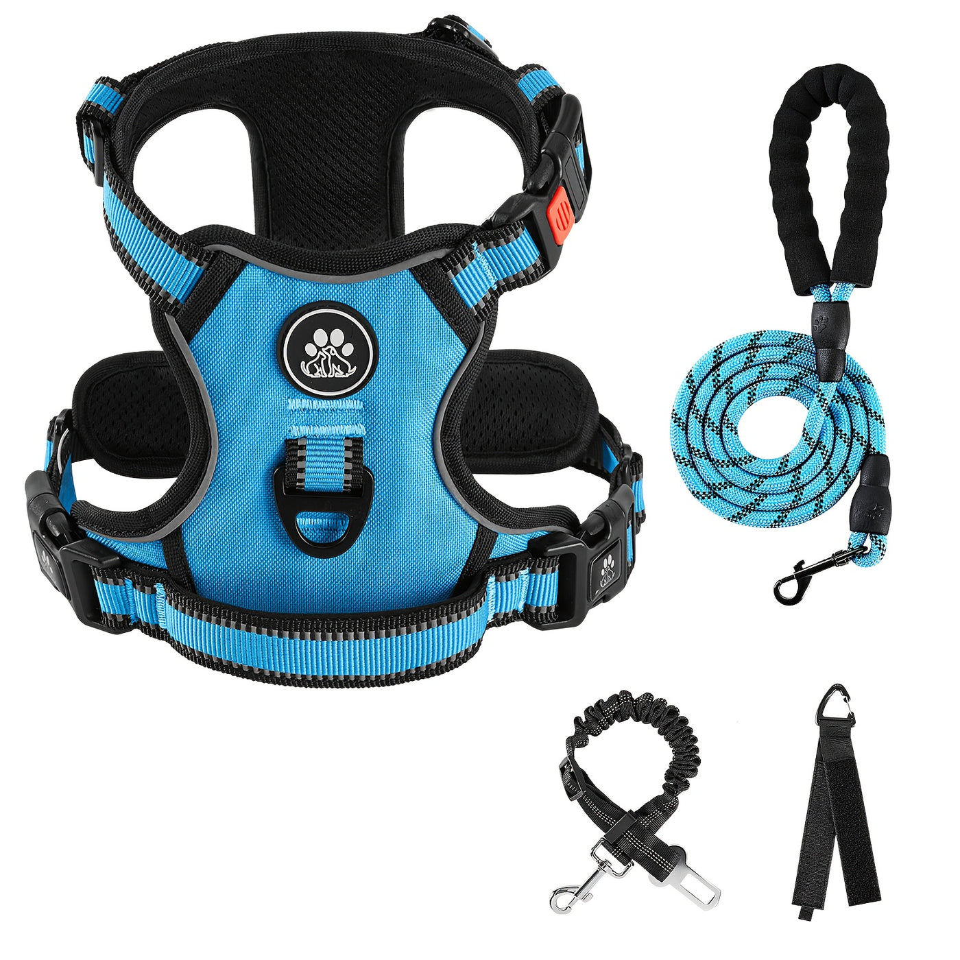 Complete Dog Walking Set – No-Pull Harness + Collar + Leash + Retractable Seatbelt + Storage Strap, Fully Reflective Breathable Vest with Handle for Small & Large Dogs, Sizes XS-XL