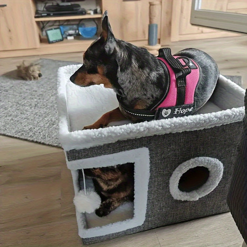 Foldable Cat Cube Bed with 2-Tier Perch, Toy Tunnel & Scratching Post – Space-Saving Indoor Cat House, 16.5x16.5x13 Inches, Plush & Canvas