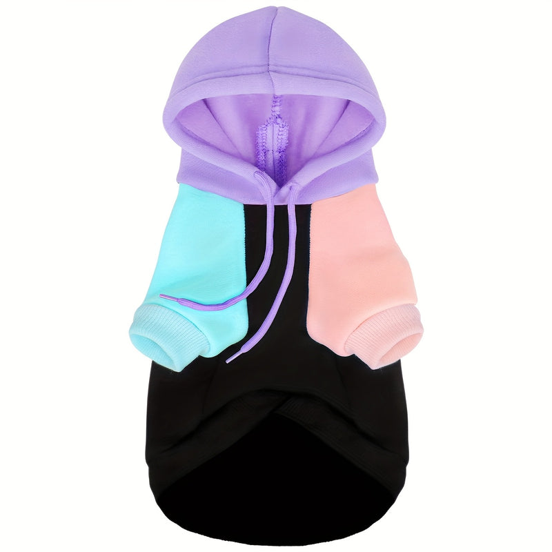 Dog Hoodie Cyber Punk Style Color-Block – Buttery Soft Knitted Polyester, Black Purple Peach, Adjustable Drawstring Hood, Ribbed Cuffs, Comfort Fit for All Breeds, Winter Spring Autumn