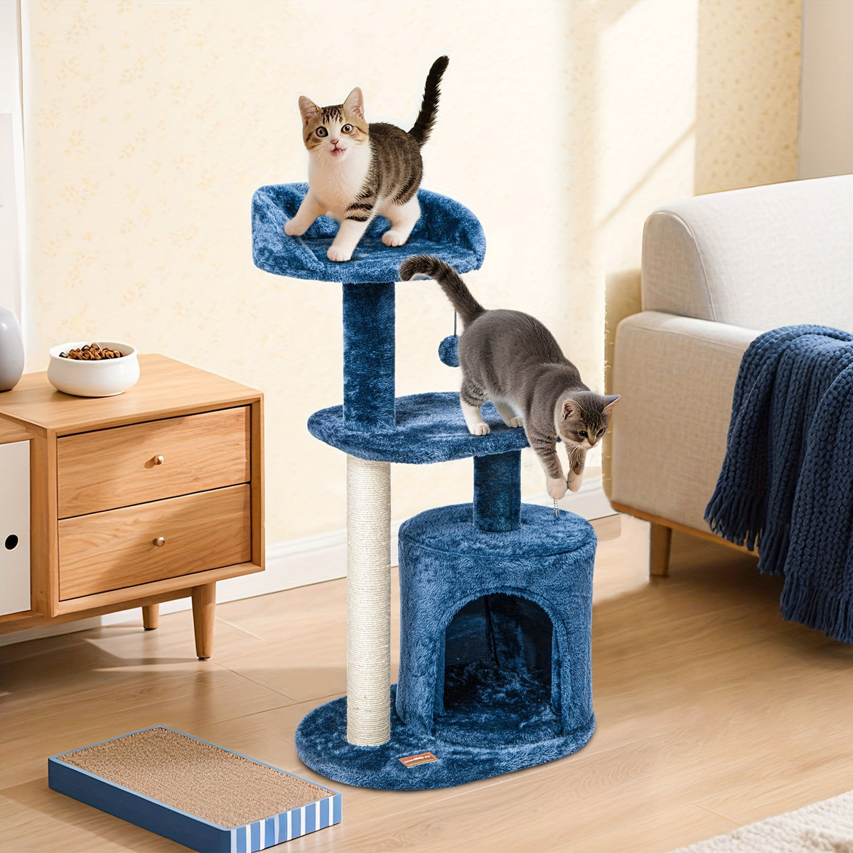 32-Inch Cat Tree with Condo, Sisal Scratching Post, Plush Perches & Pompom Toys for Indoor Cats - Denim Blue Multi-Level Cat Tower Activity Center