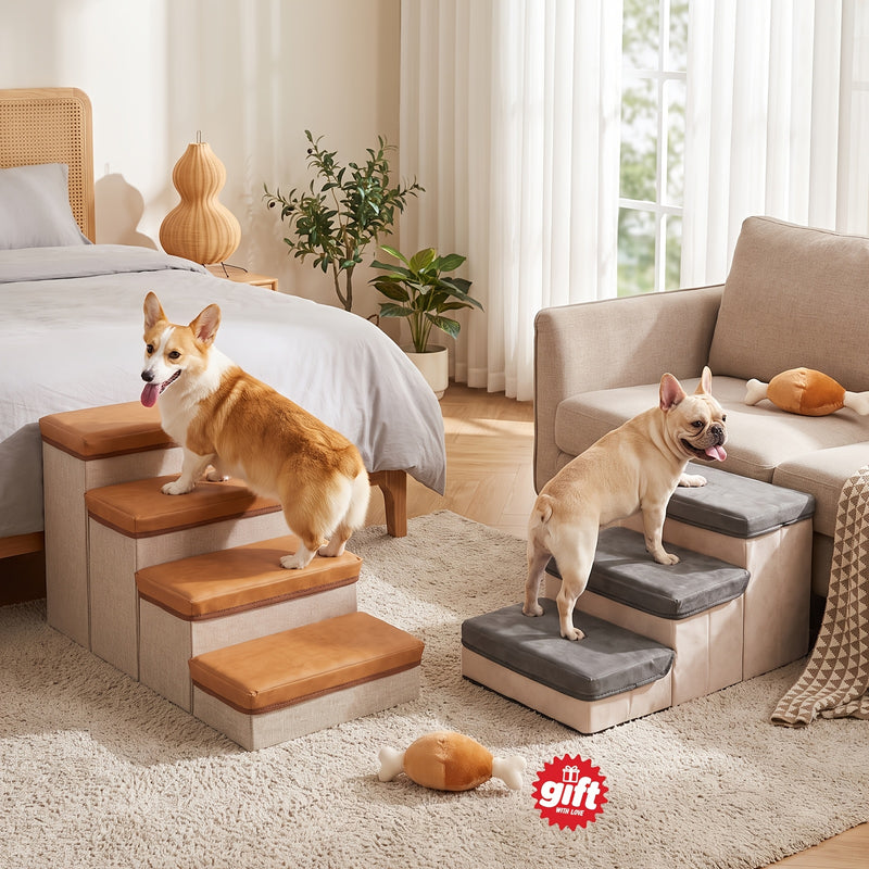 3-Tier Foldable Dog Stairs with Non-Slip Surface – Pet Steps for High Beds & Sofas, Small & Extra-Small Dogs, Nylon Ramp with Plush Chicken Toy, Coffee & Gray