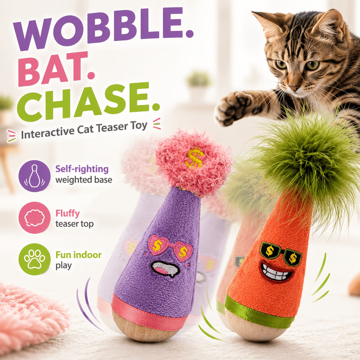 Catnip Wobble Feather Cat Toy with Mint Powder - Interactive Hunting Chase Toy for Kittens & Adult Cats Self-Play Indoor Exercise