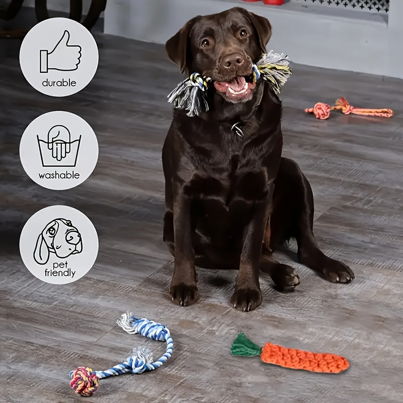 Dog Toy Set 6 or 12 Pcs – Fabric Chew Toys with Squeakers, Knot Toys & Balls, Teeth Cleaning, All Breed Sizes, Cartoon Pattern, No Battery Needed