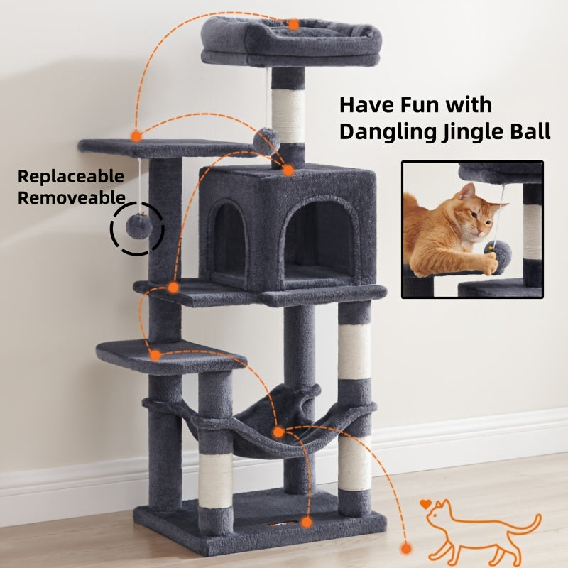 Multi-Level Cat Tree Tower with Cave & Plush Hammock - 44/66/79in Tall Cat Condo, 4 Sisal Scratching Posts, 2 Perches, Anti-Tilt, Pompom Toys for Multi-Cat Families, 5 Colors