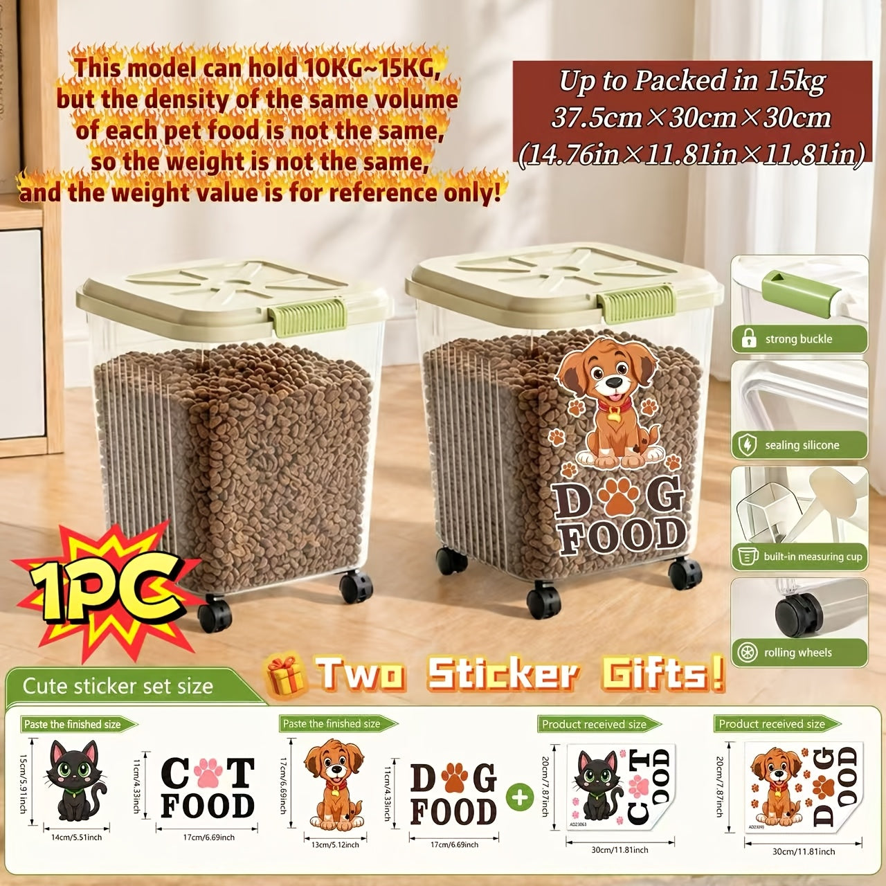 Airtight Pet Food Storage Container with Locking Lid & Scoop - Moisture-Proof Dog Cat Dry Food Bin 4.4 to 55 LB with Wheels