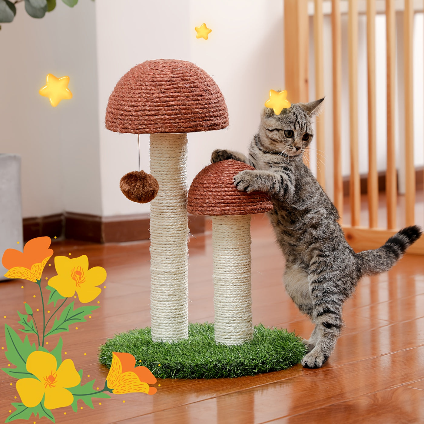 Multi-Tier Sisal Cat Scratching Post Tower with Dangling Ball - 18.9" & 32" Indoor Cat Tree for Energetic Cats, Sturdy Tiered Design, 6 Colors