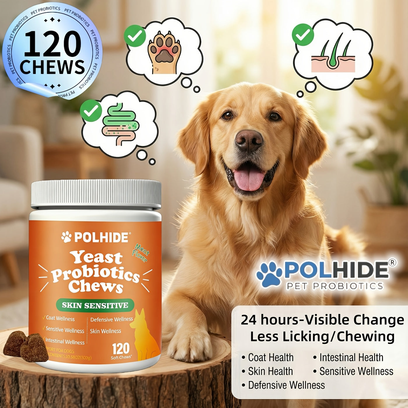 Yeast Probiotic Chews for Dogs – 90-Day Supply, 120 Meat Flavor Soft Chews, Supports Coat & Gut Health, Sensitive Skin & Defensive Wellness, All Ages