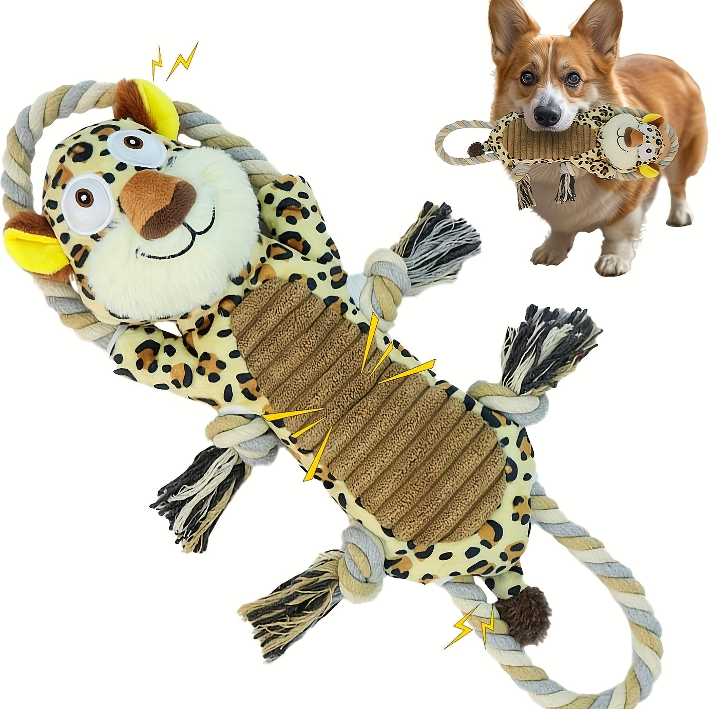 Squeaky Plush Dog Toys with Rope – Interactive Tug of War Toy for Small Medium Large Dogs, Crinkle Stuffed Animal Dog Toy, Aggressive Chewer Safe, Lion Bear Leopard Styles