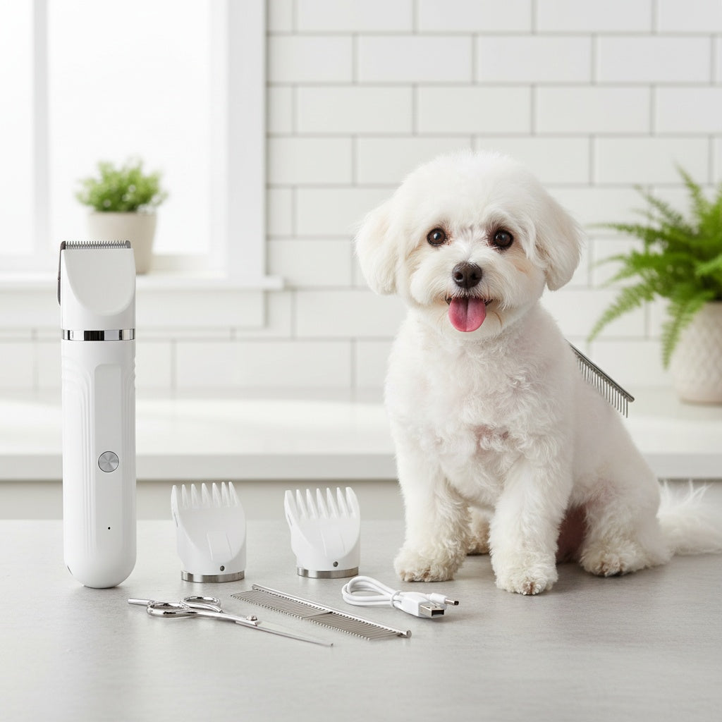 6-in-1 Pet Grooming Kit USB Rechargeable Cordless Clippers – 4 Interchangeable Blade Heads, Nail Clipper, Steel Comb & Scissors for Dogs Cats & Small Animals, White & Blue