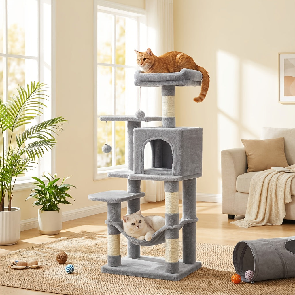 Multi-Level Cat Tree Tower with Cave & Plush Hammock - 44/66/79in Tall Cat Condo, 4 Sisal Scratching Posts, 2 Perches, Anti-Tilt, Pompom Toys for Multi-Cat Families, 5 Colors