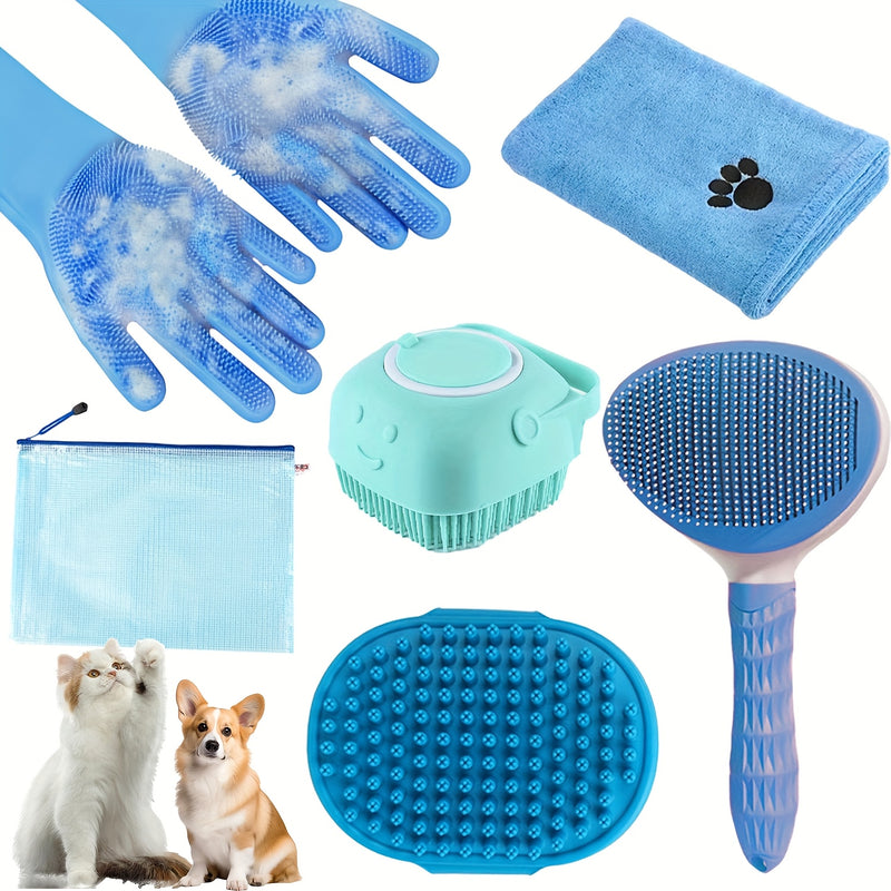 6-Piece Dog Grooming Kit – Brush, Microfiber Towel, Washing Gloves & Shedding Tool, Complete No-Power Pet Care Set for Shiny Coat, Works for Dogs & Cats