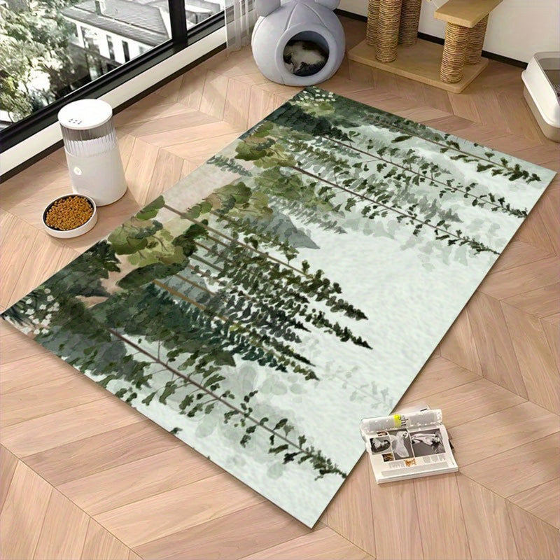 Pet Feeding Mat Non-Slip Washable Forest Watercolor Green Trees Design Dog Cat Mat 16x12 Inch – Spill-Resistant Placemat for Pet Bowls Kennel and Litter Box