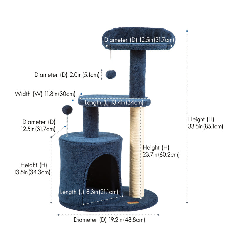 32-Inch Cat Tree with Condo, Sisal Scratching Post, Plush Perches & Pompom Toys for Indoor Cats - Denim Blue Multi-Level Cat Tower Activity Center