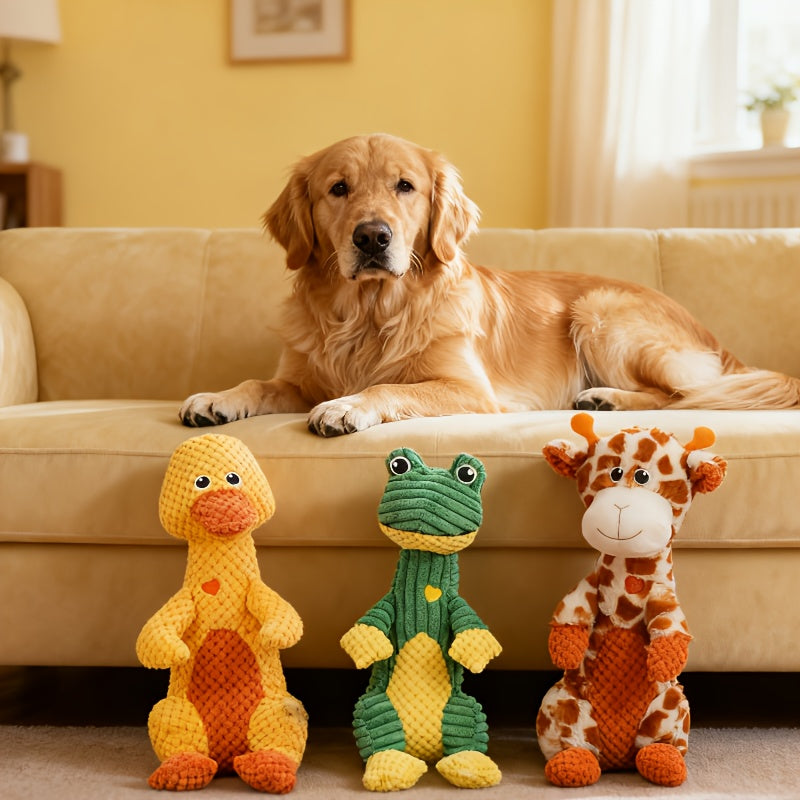 Sweetheart Squeaky Plush Dog Toy – Cute Animal Print Chew & Tug Toy for Aggressive Chewers, Interactive Dog Toy for All Breeds, Duck Deer Frog Styles