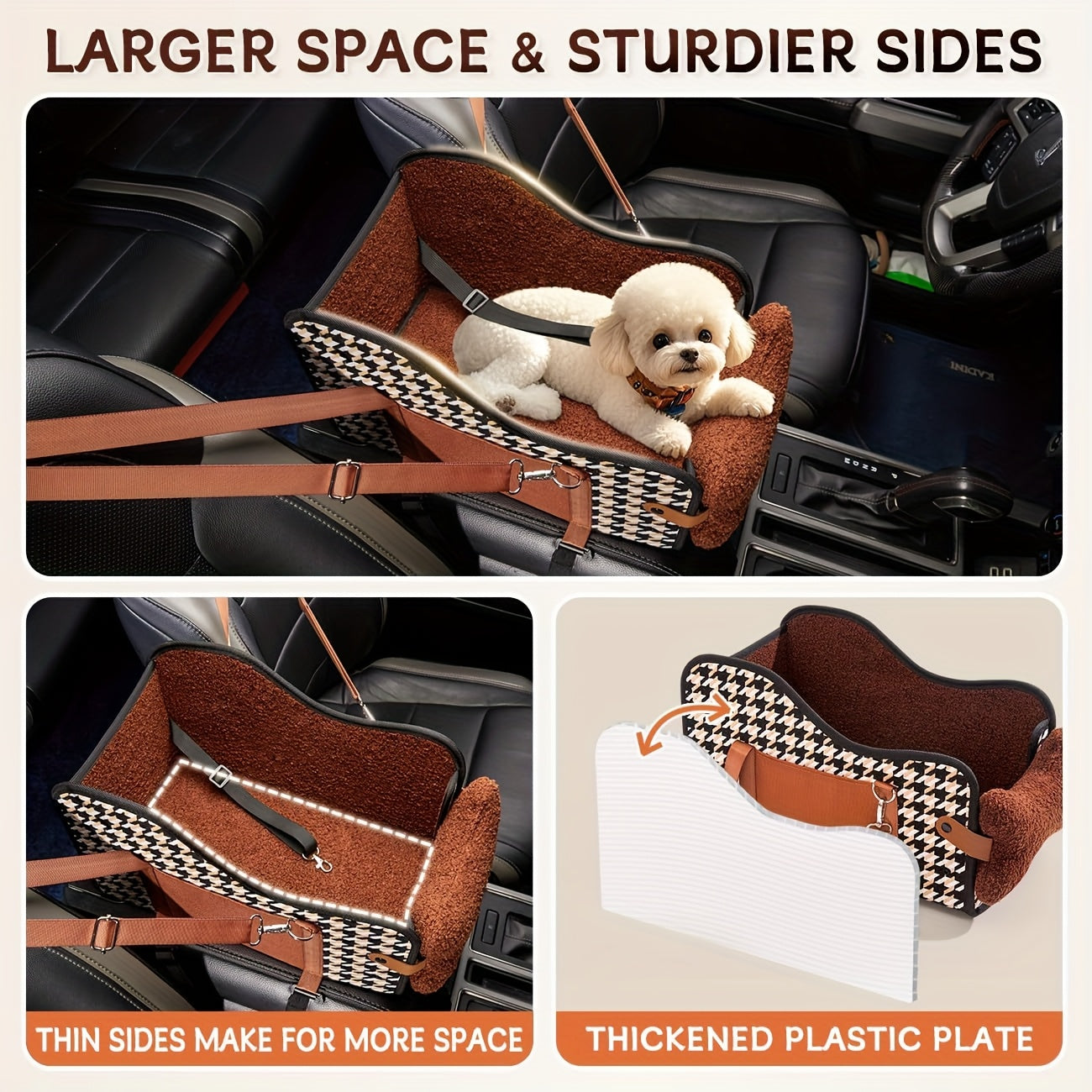 Center Console Dog Car Seat Booster – Portable Cozy Pet Car Seat for Small Dogs & Cats with Breathable Mesh Safety Harness Soft Padding, Universal Armrest Fit