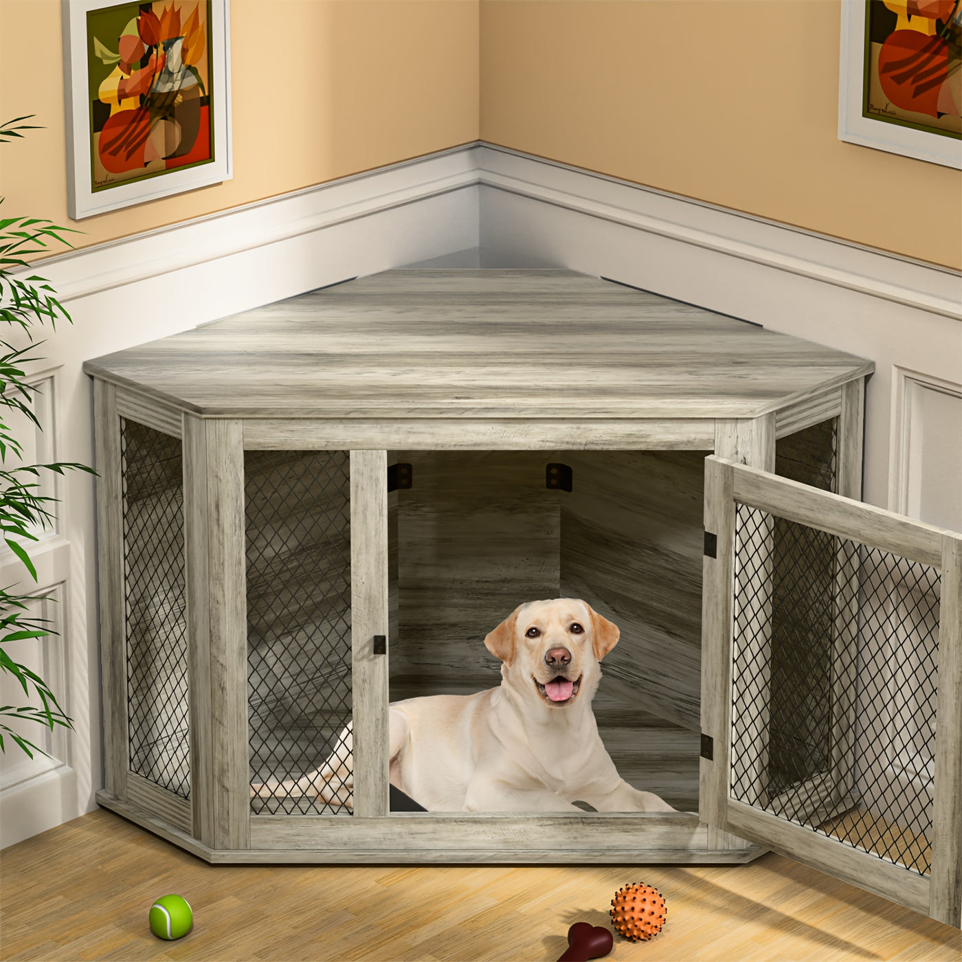 Wooden Dog Crate Furniture End Table with Mesh Door – Indoor Pet Kennel Side Table for Small Medium Dogs, 2 Sizes Brown Grey White