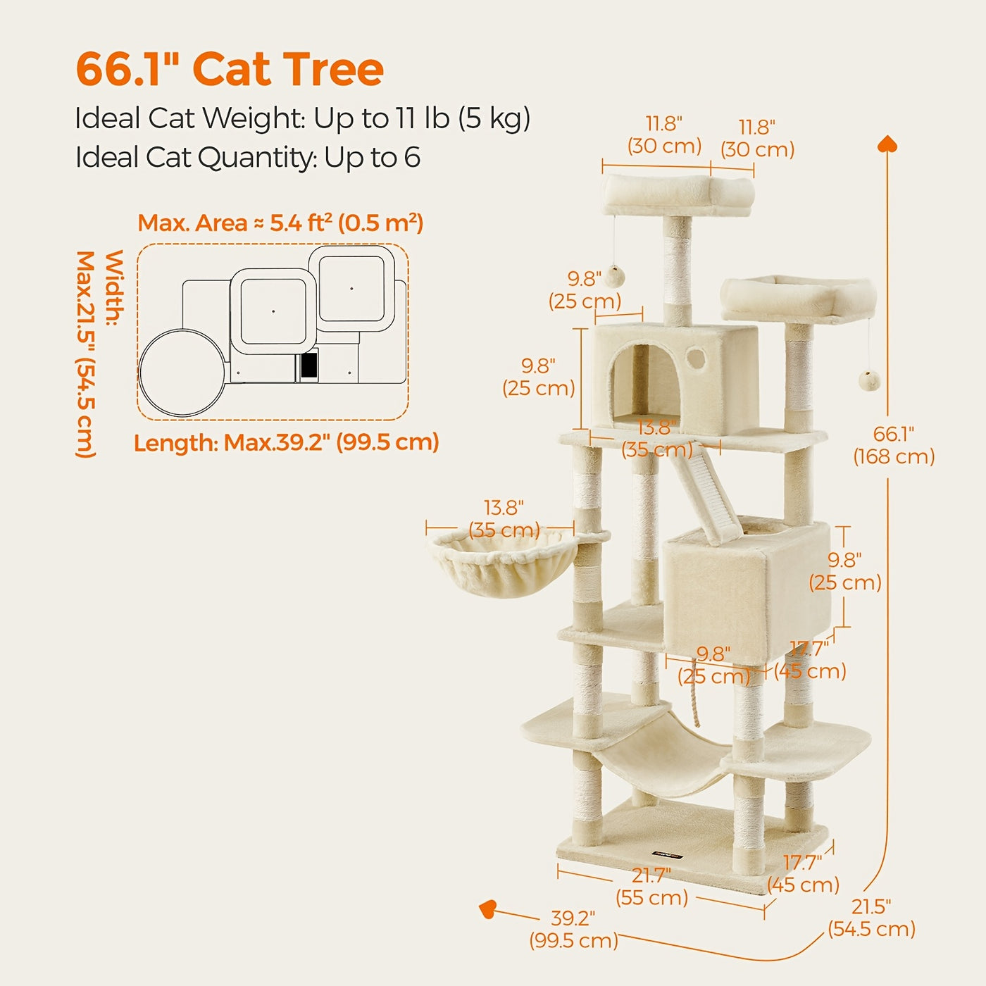 Multi-Level Cat Tree Tower with Cave & Plush Hammock - 44/66/79in Tall Cat Condo, 4 Sisal Scratching Posts, 2 Perches, Anti-Tilt, Pompom Toys for Multi-Cat Families, 5 Colors