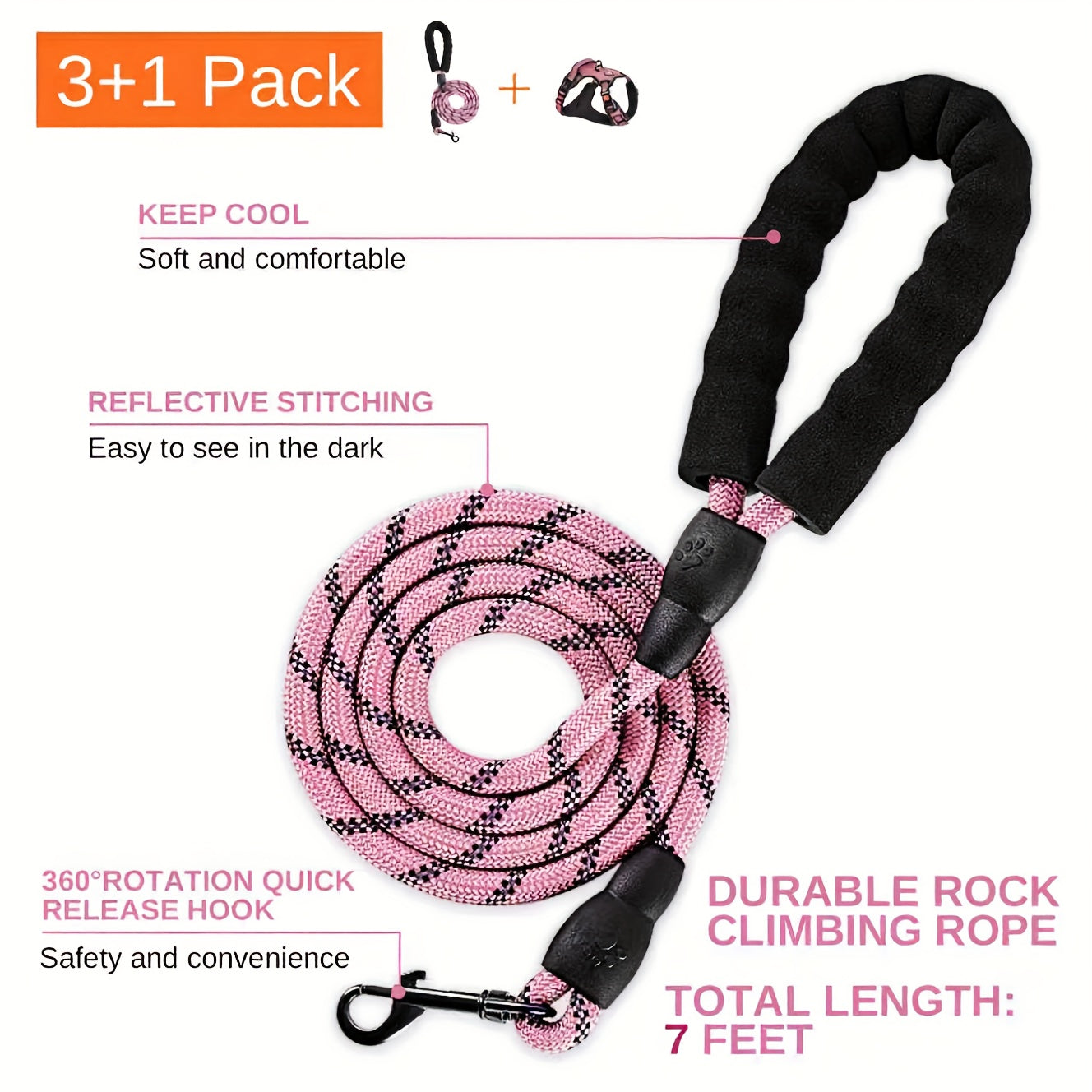 Complete Dog Walking Set – No-Pull Harness + Collar + Leash + Retractable Seatbelt + Storage Strap, Fully Reflective Breathable Vest with Handle for Small & Large Dogs, Sizes XS-XL