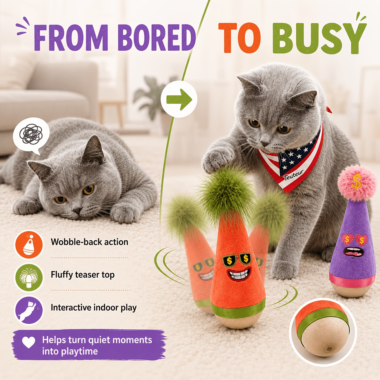 Catnip Wobble Feather Cat Toy with Mint Powder - Interactive Hunting Chase Toy for Kittens & Adult Cats Self-Play Indoor Exercise