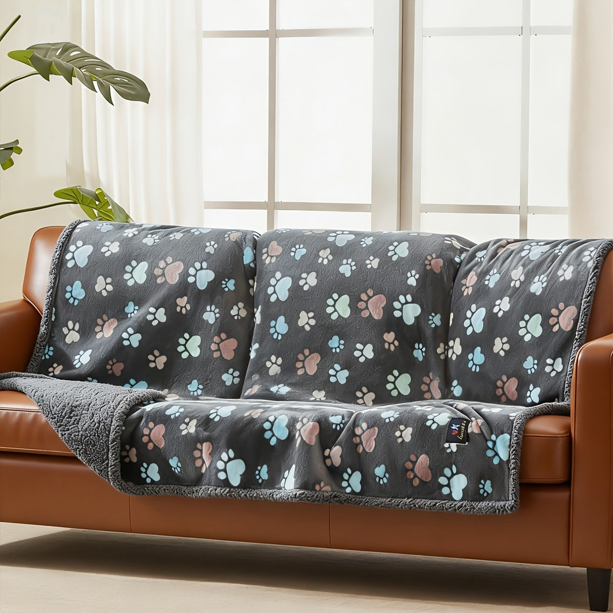 Waterproof Dog Blanket for Couch Sofa Bed - Pee Proof Washable Soft Fluffy Pet Blanket Reversible Furniture Protector, Gray Bone & Paw Print Design for Dogs Cats Small Medium Large