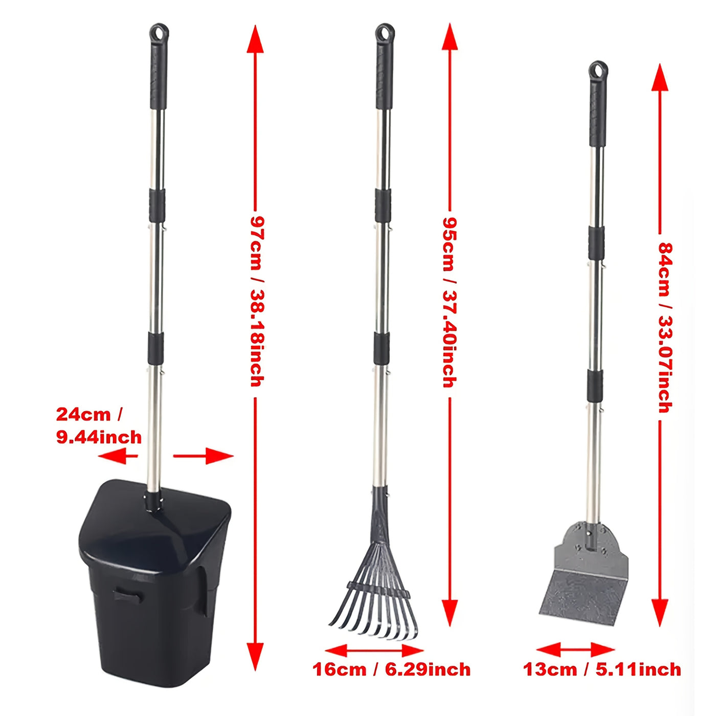 Dog Pooper Scooper Set Heavy Duty – Long Handle with Swivel Bin, Rake & Spade for Grass, Dirt & Gravel, Includes 40 Waste Bags, 2 or 3 Piece Set for Large Dogs