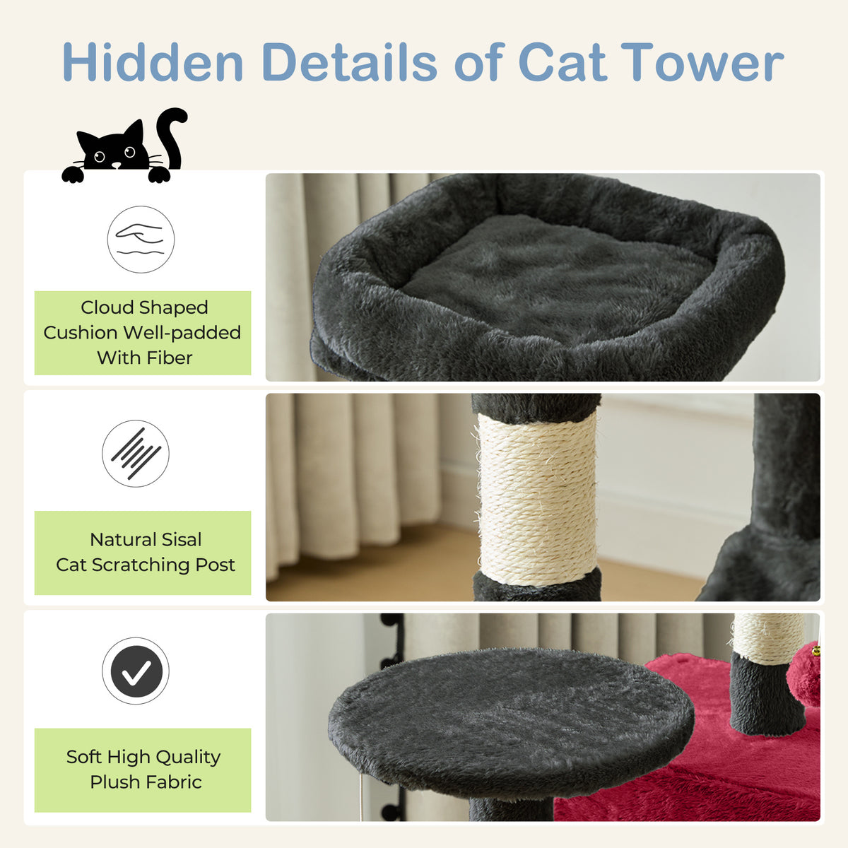 44-Inch Large Cat Tree Tower with Condo, Hammock & Sisal Scratching Posts – Multi-Level Indoor Cat House for Multiple Cats