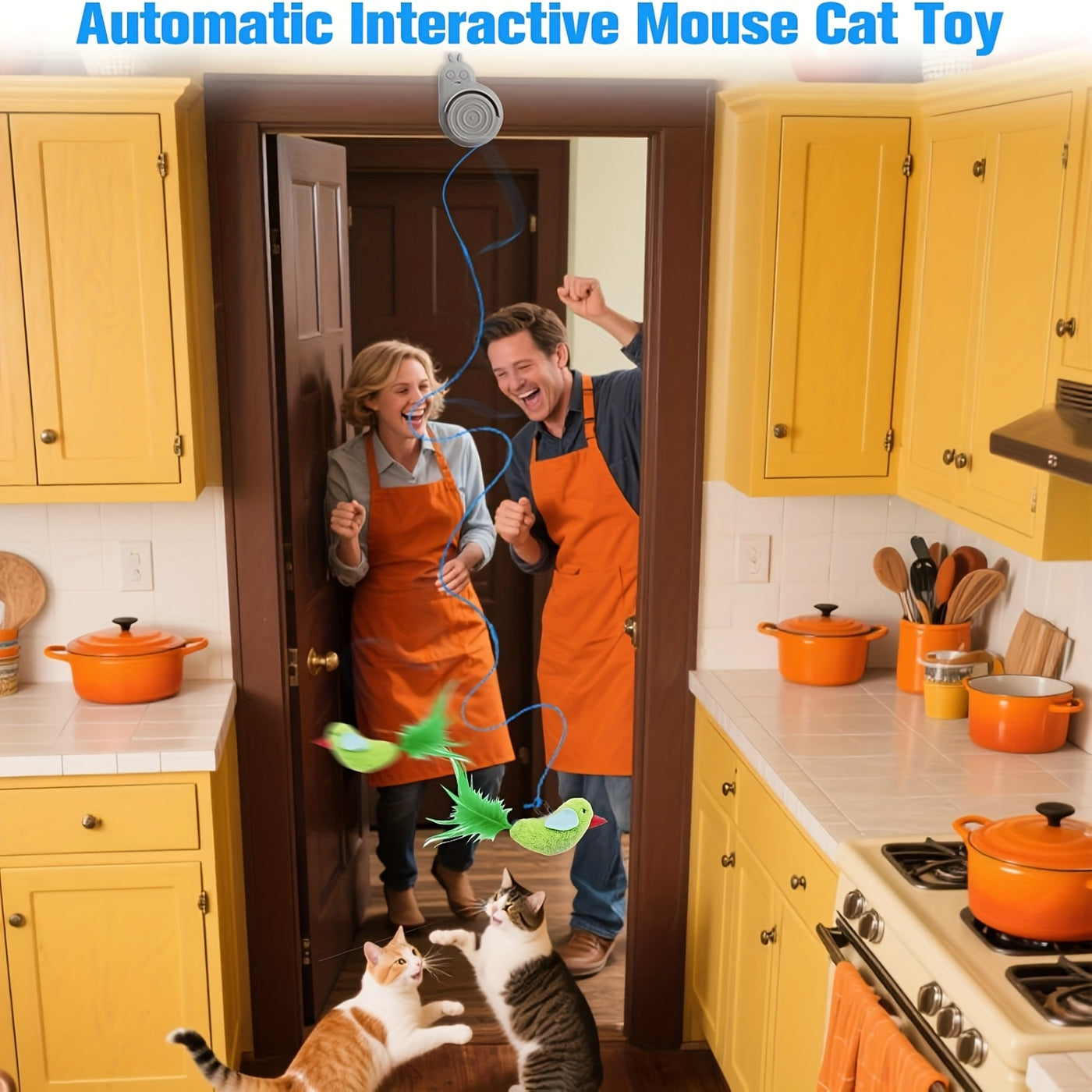 Automatic Electric Flying Bird Feather Cat Toy – Stick-On Hanging Interactive Toy for Indoor Cats & Kittens, Electric Kitty Enrichment Toy for Bored Cats, Grey Blue White
