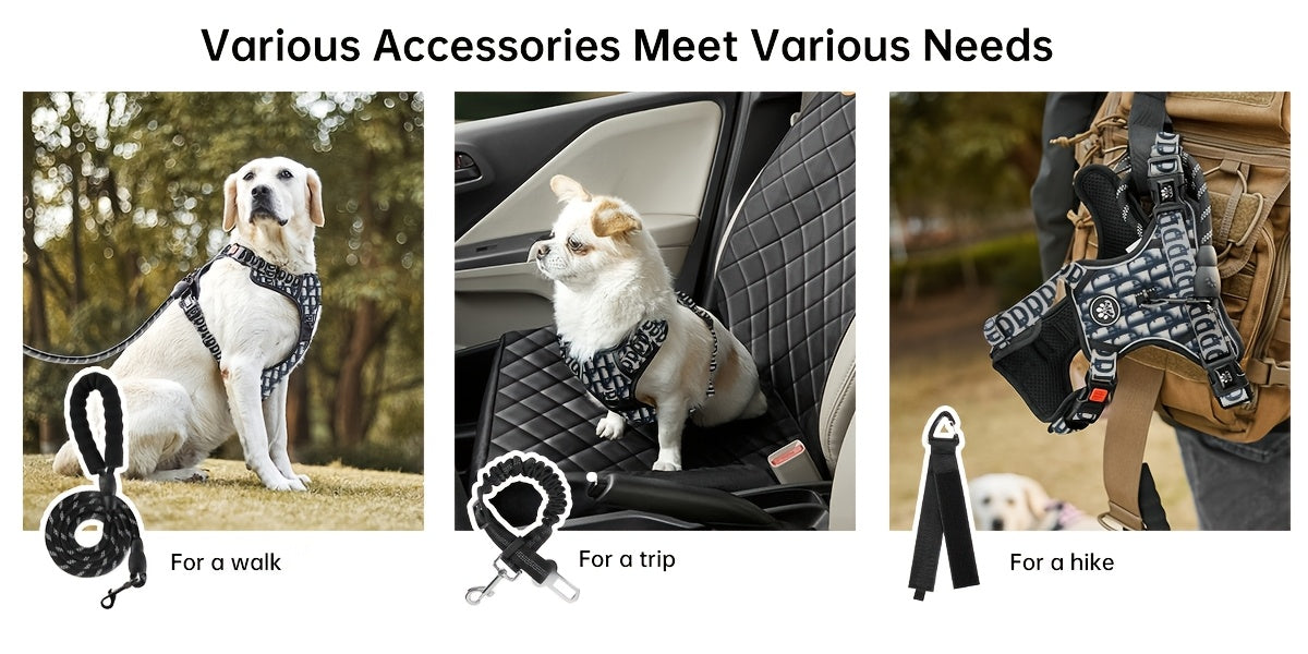 Complete Dog Walking Set – No-Pull Harness + Collar + Leash + Retractable Seatbelt + Storage Strap, Fully Reflective Breathable Vest with Handle for Small & Large Dogs, Sizes XS-XL