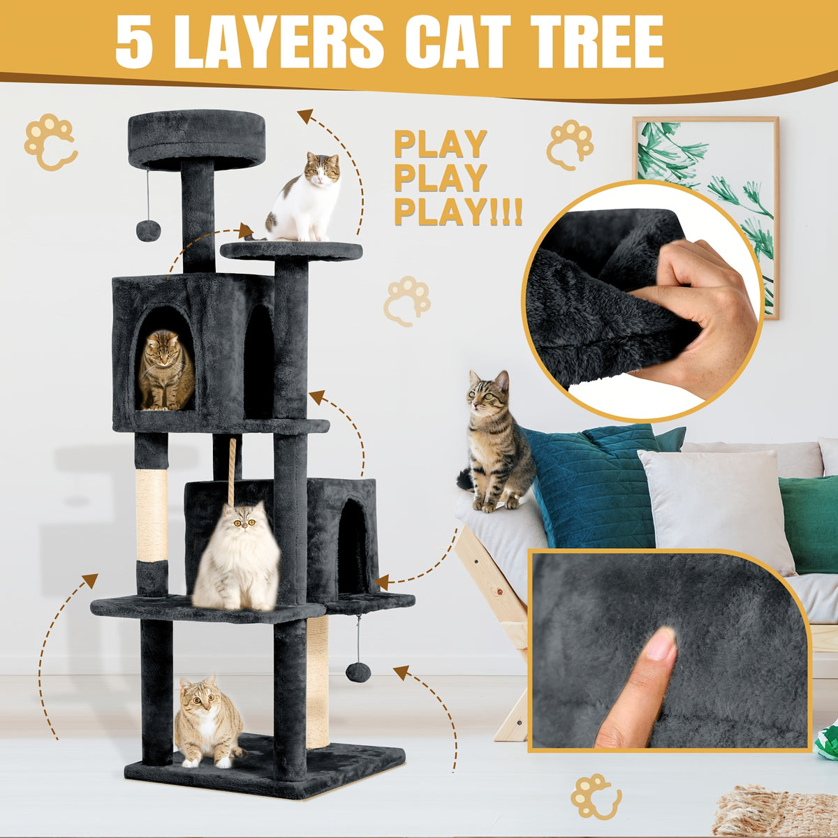 59-Inch Large Cat Tree Tower for Indoor Cats - Multi-Level Plush Perches, Sisal Scratching Posts & Hanging Ball Toy, Tall Cat Tower for Bedroom Living Room